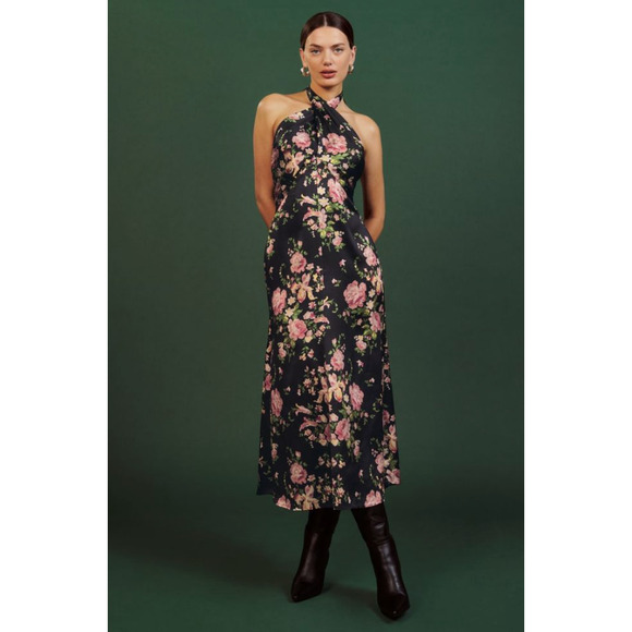 Reformation Maddison Silk Halter Midi Polina Black Floral Dress 4 - Picture 1 of 5